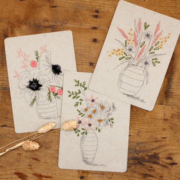 Kit de 3 cartes – dessins à broder “Bouquets rayés”