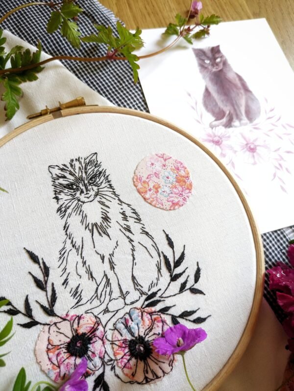 tuto broderie avec vidéos chat fleuri